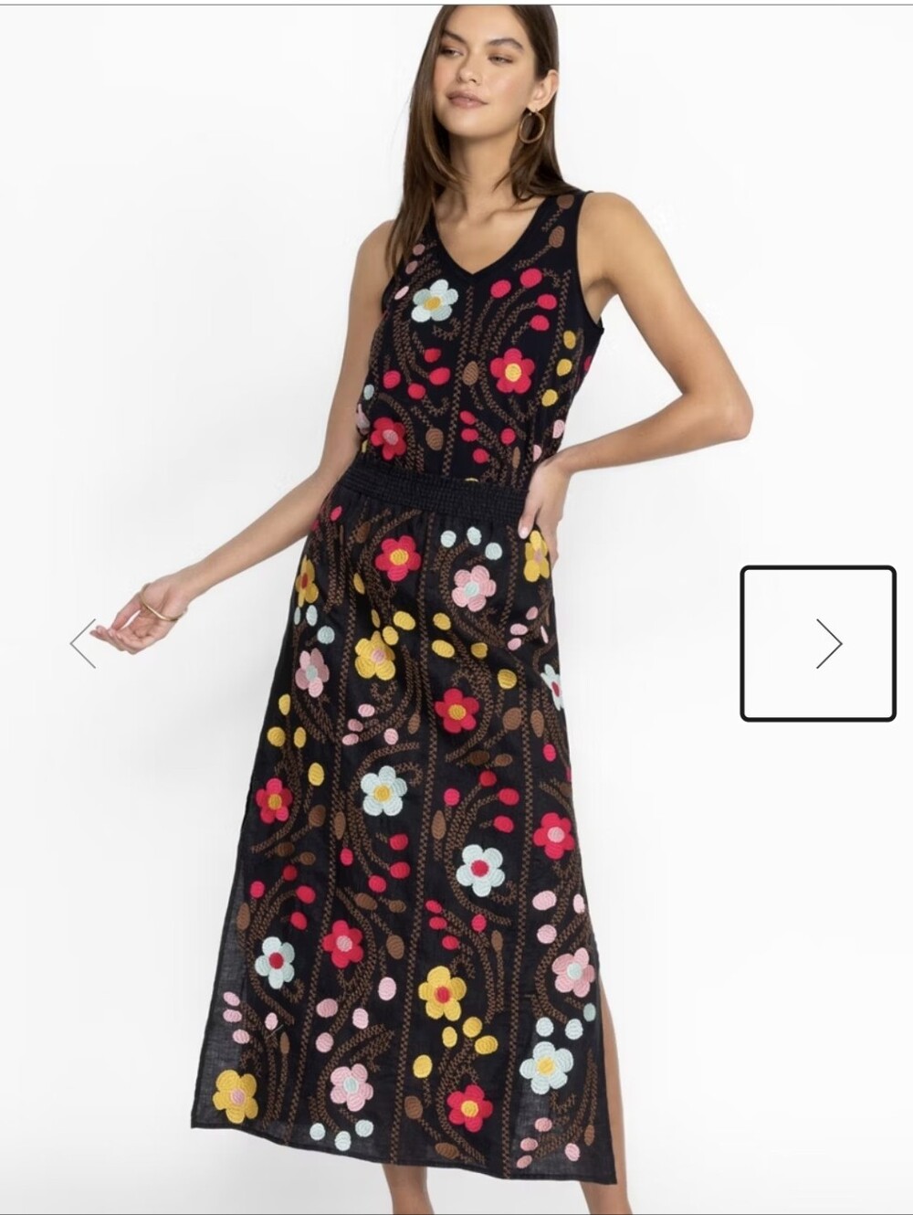Johnny WAS Embroidered Floral Tank Top + Maxi Skir Black with Multicolor Flowers